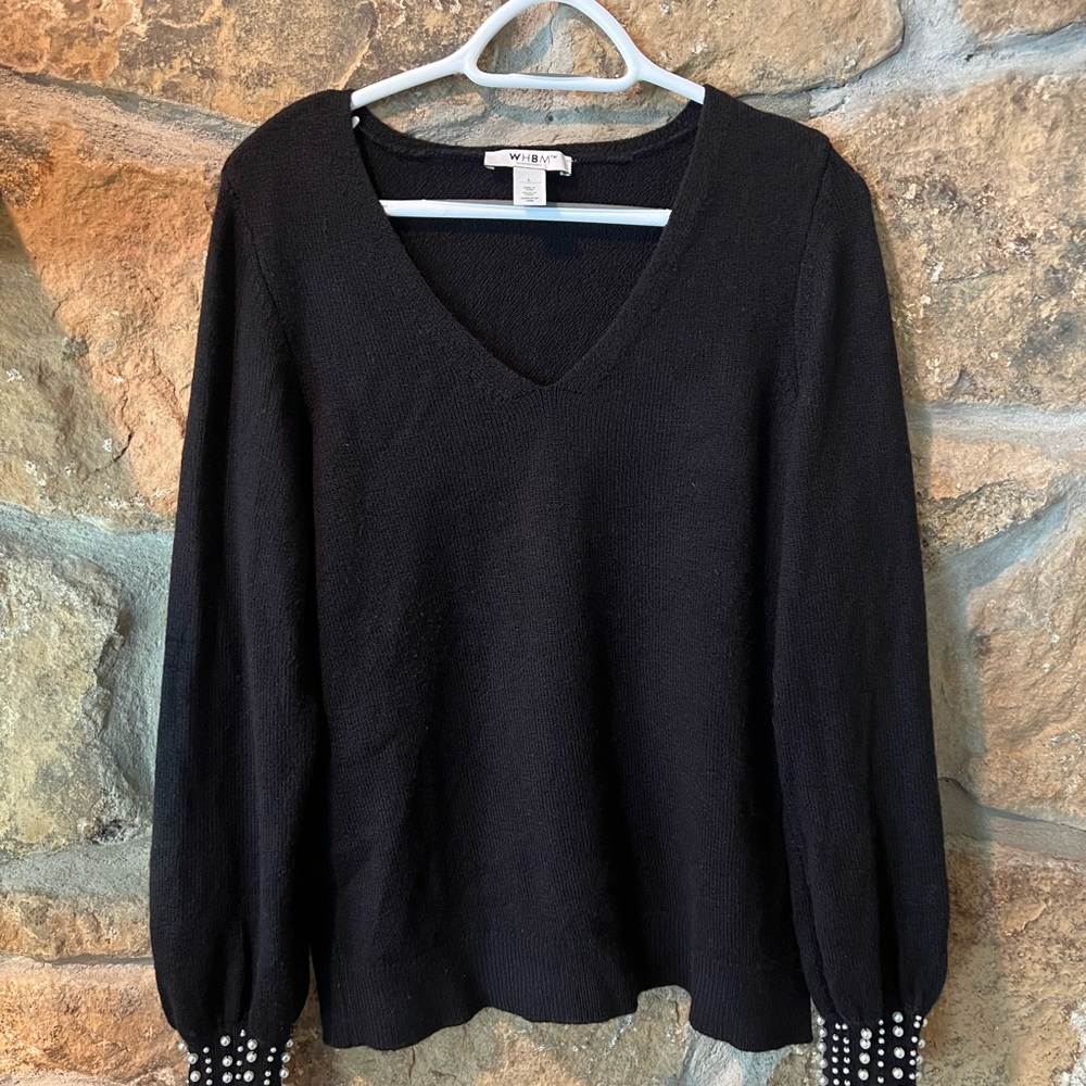 White House Black Market Black V-Neck Sweater with Pearl Embellished Cuffs
